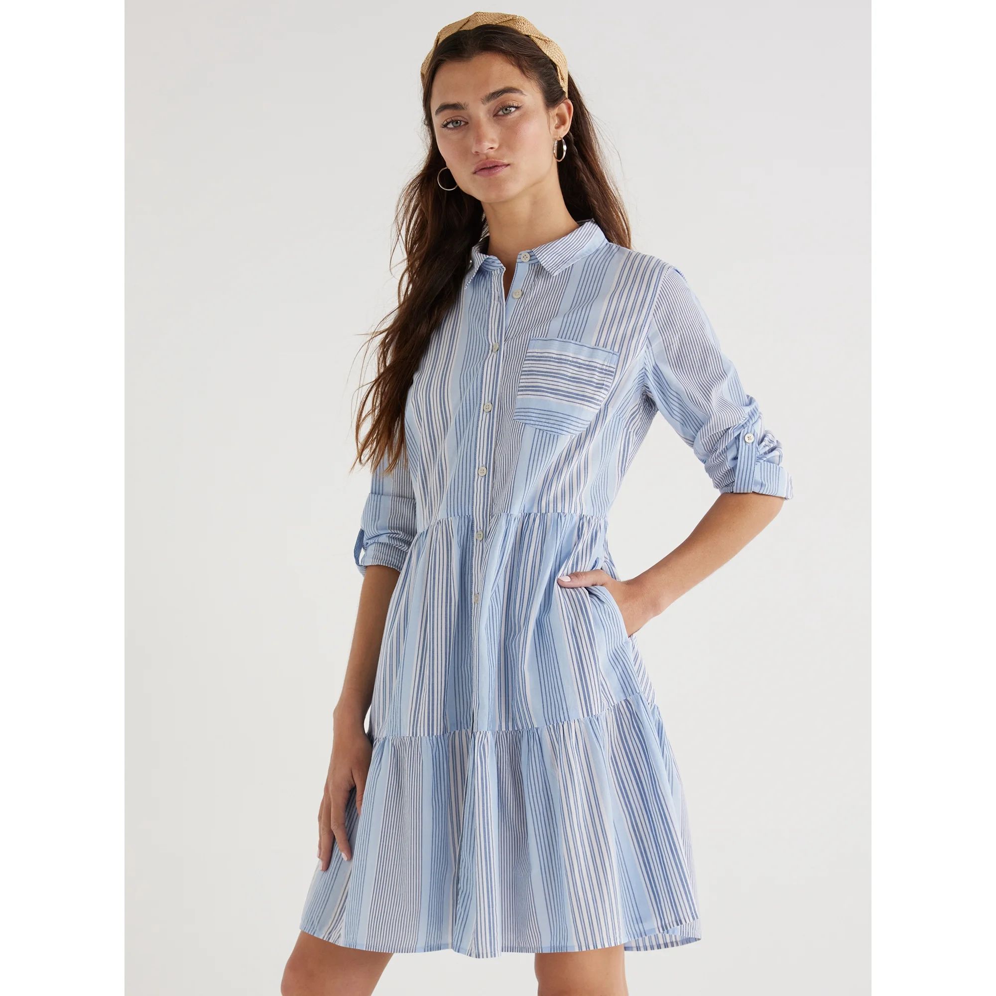 Time and Tru Women's Mini Shirt Dress with Long Sleeves, Sizes XS-3XL | Walmart (US)