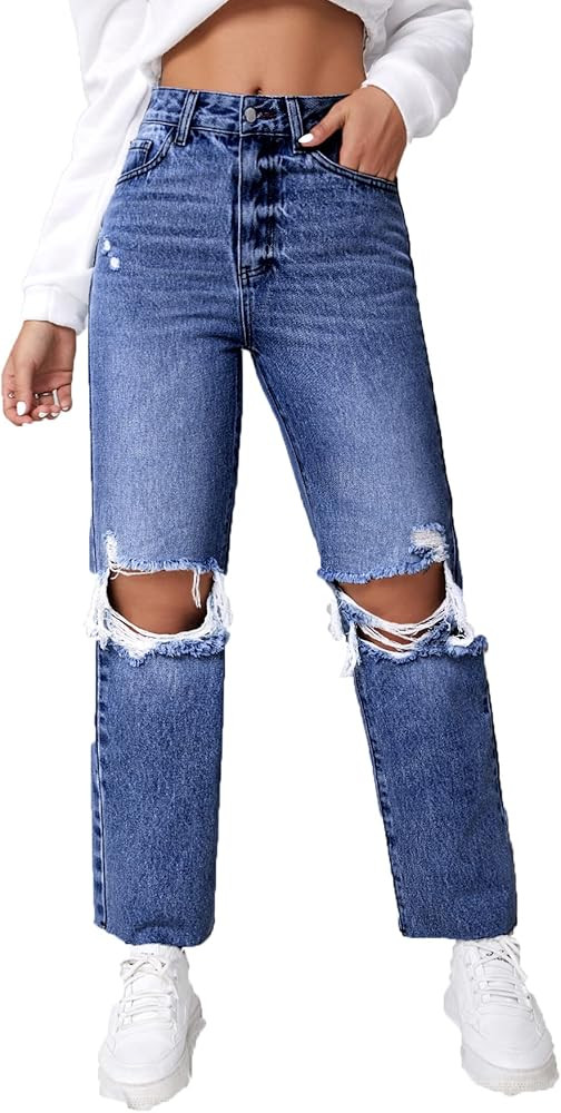 SweatyRocks Women's High Waist Ripped Distressed Cropped Jeans Straight Leg Denim Pants | Amazon (US)