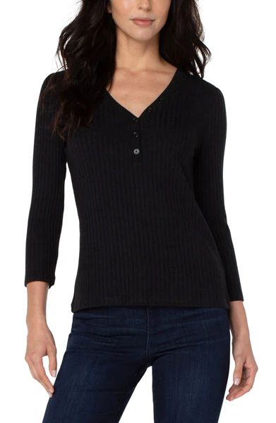 3/4 SLEEVE RIB KNIT HENLEY TOP | Liverpool Jeans