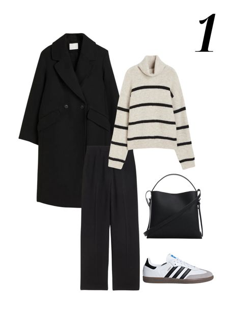 Smart casual look with a stripe jumper, tailored trousers, adidas samba trainers, black wool coat, tote shopper bag

#LTKstyletip #LTKfindsunder100