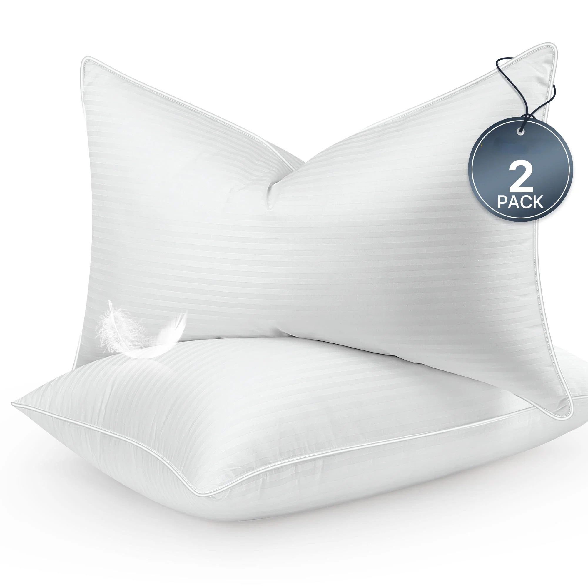 Luxury Stripe Goose Feather Pillows, Plush Support Queen bed Pillows (Set of 2) | Wayfair North America