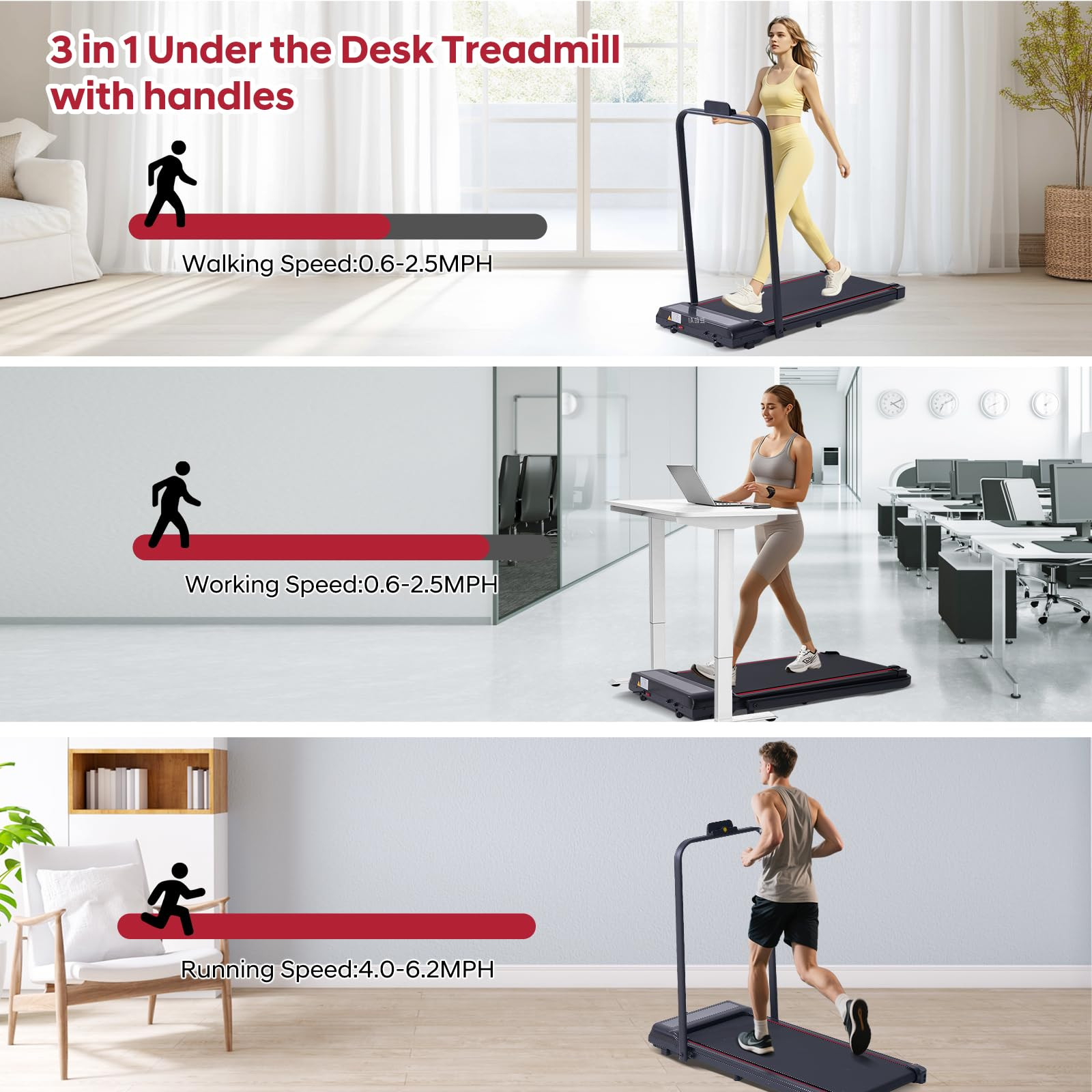 Walking Pad with Handle Bar, 3.0HP Walking Pad Treadmill with Handles, 3 in 1 Portable Under Desk... | Amazon (US)