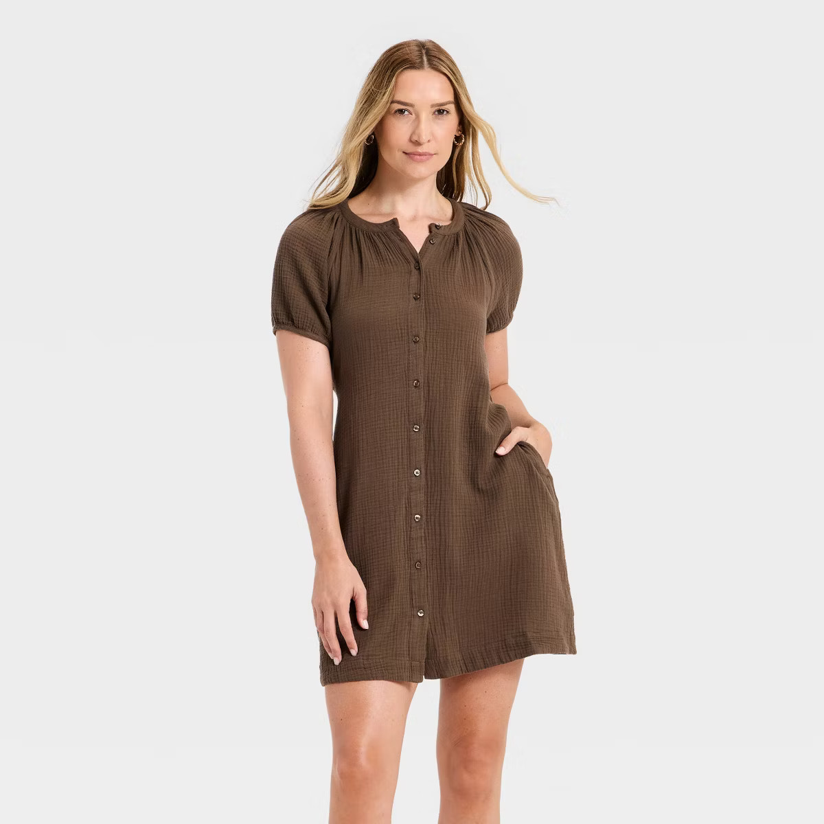 Women's Puff Short Sleeve Button-Down Mini A-Line Sundress - Universal Thread™ | Target
