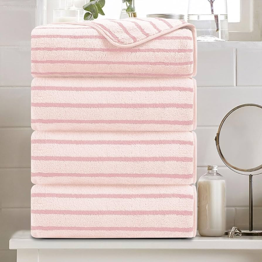 4 Piece Pink Cabana Stripe Large Bath Towels 35"x70" Oversized Bath Sheet Super Soft Breathable J... | Amazon (US)