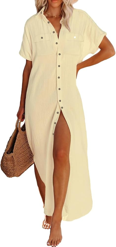 Bsubseach Women Bathing Suit Cover Ups Button Down Beach Swimsuit Cover Up Long Kimono Cardigan V... | Amazon (US)