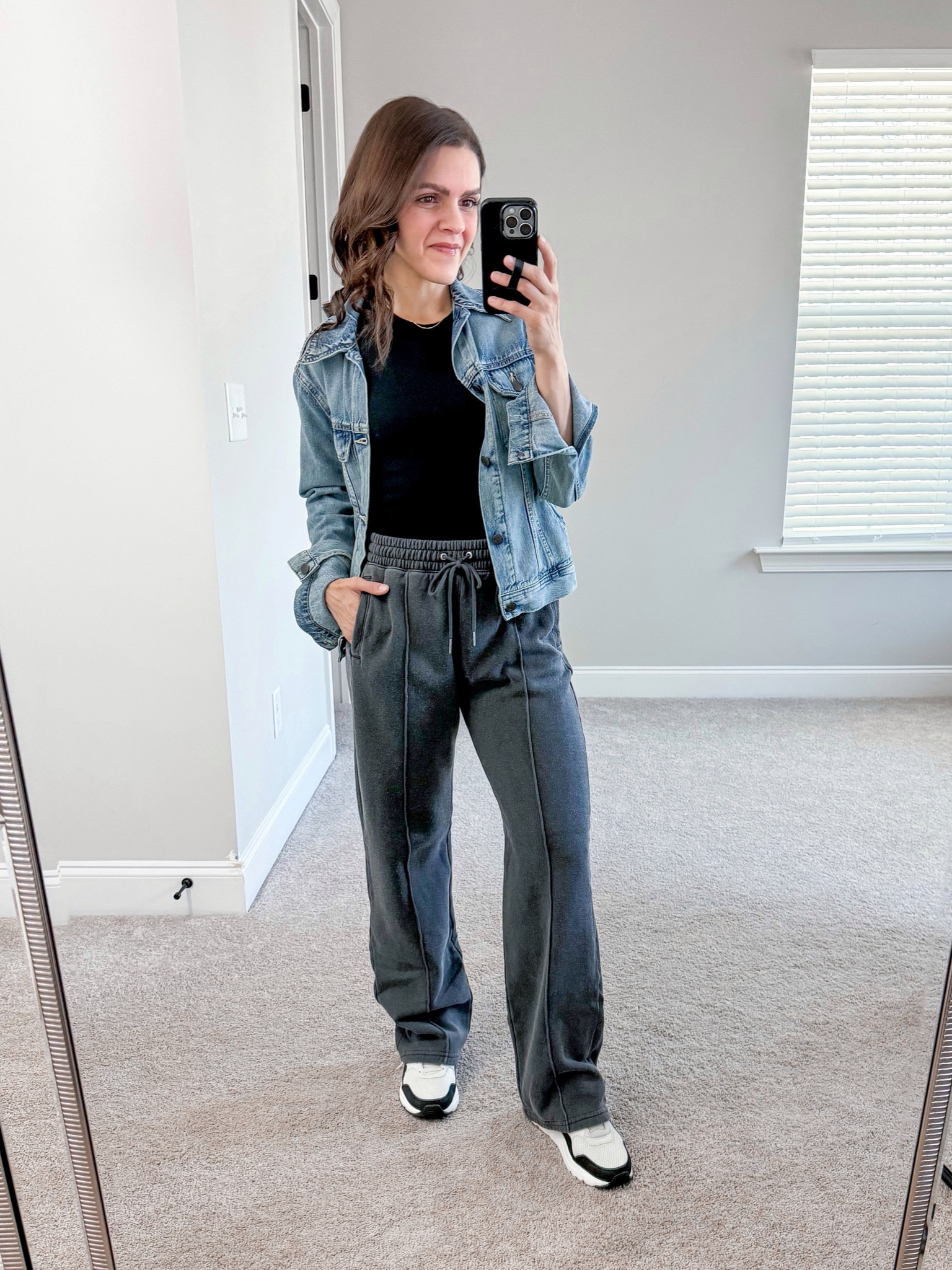 Easy Sunday fit | high neck tank, straight leg essential Sunday sweat, Nike sneakers, denim jacket 

#LTKstyletip
