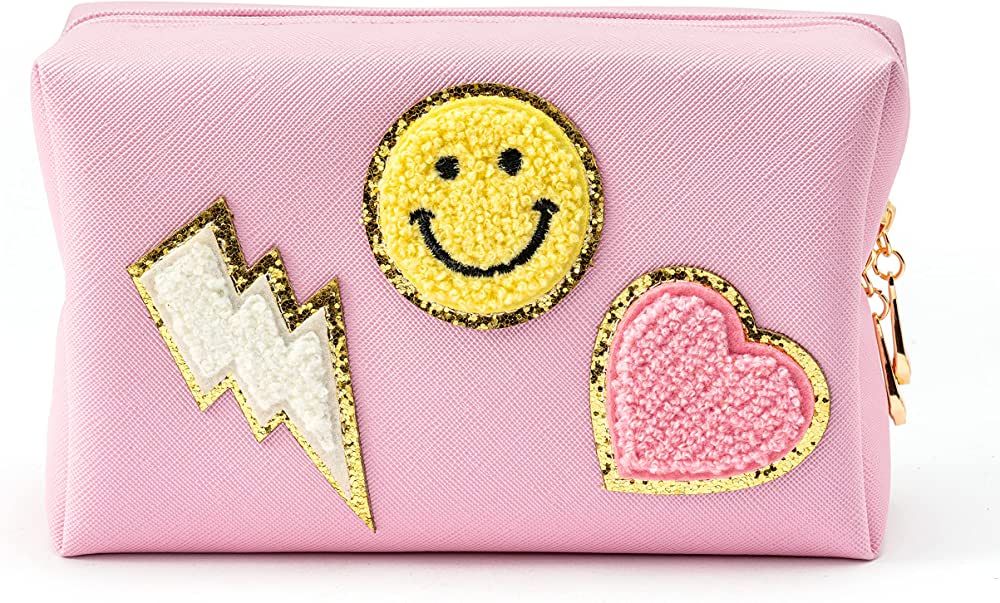 LieToi Preppy Patch Small Toiletry Bag Smile Lightning Heart PU Leather Portable Waterproof Makeu... | Amazon (US)