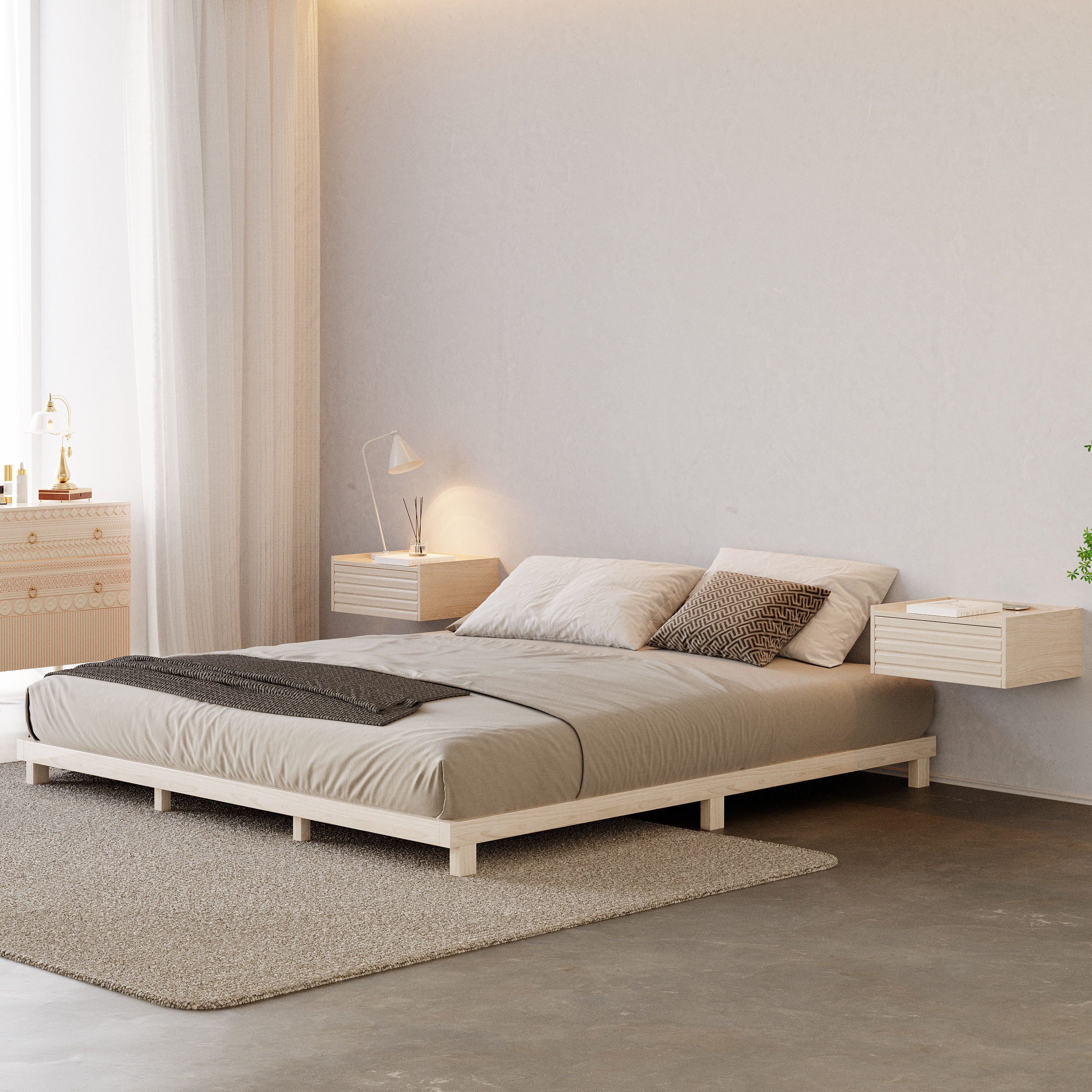 Japanese Style King Low Bed Frame Whitewash Floor Bed | Homary