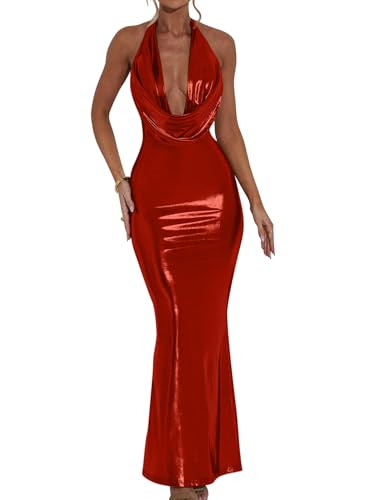 Memoriesea Women's Luxury Metallic Halter Neck Bodycon Party Evening Gown Maxi Dress Red | Amazon (US)