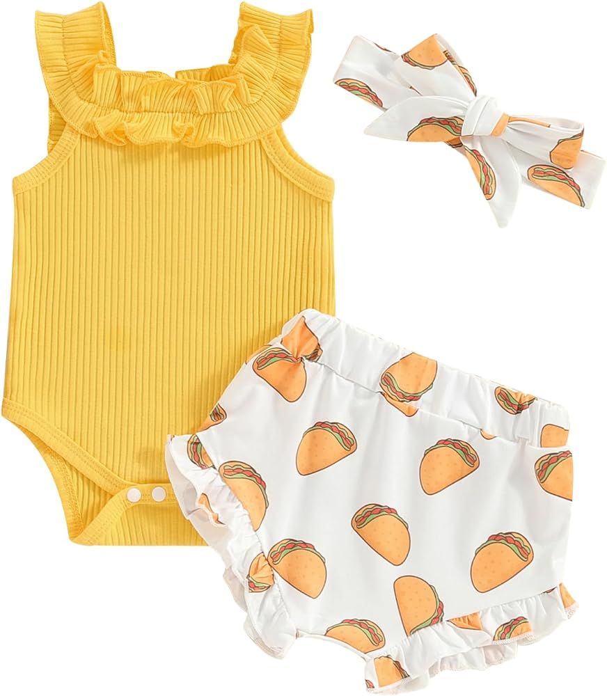 Ynibbim Infant Baby Girl Summer Outfits Camisole Romper Top + Taco/Avocado Print Shorts + Headban... | Amazon (US)