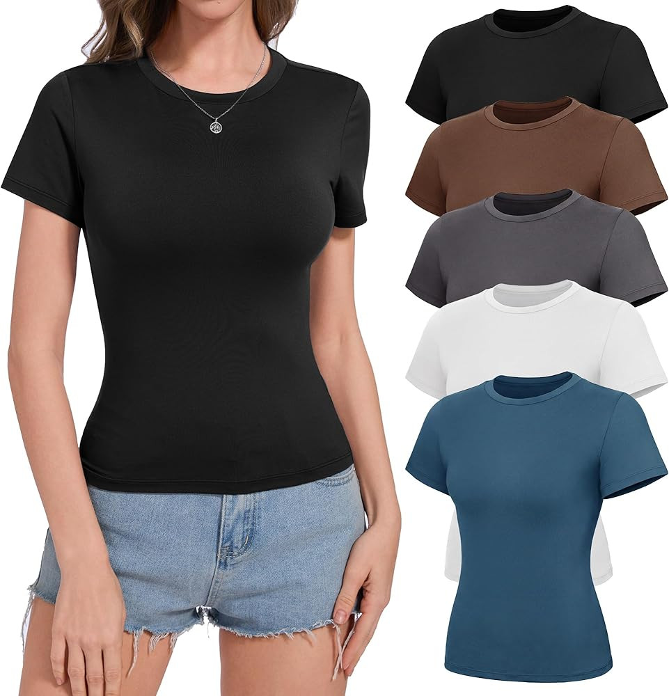 NexiEpoch 5 Pack T Shirts for Women - Crew Neck Short Sleeve Crop Tops Plain Casual Basic Tees Fi... | Amazon (US)