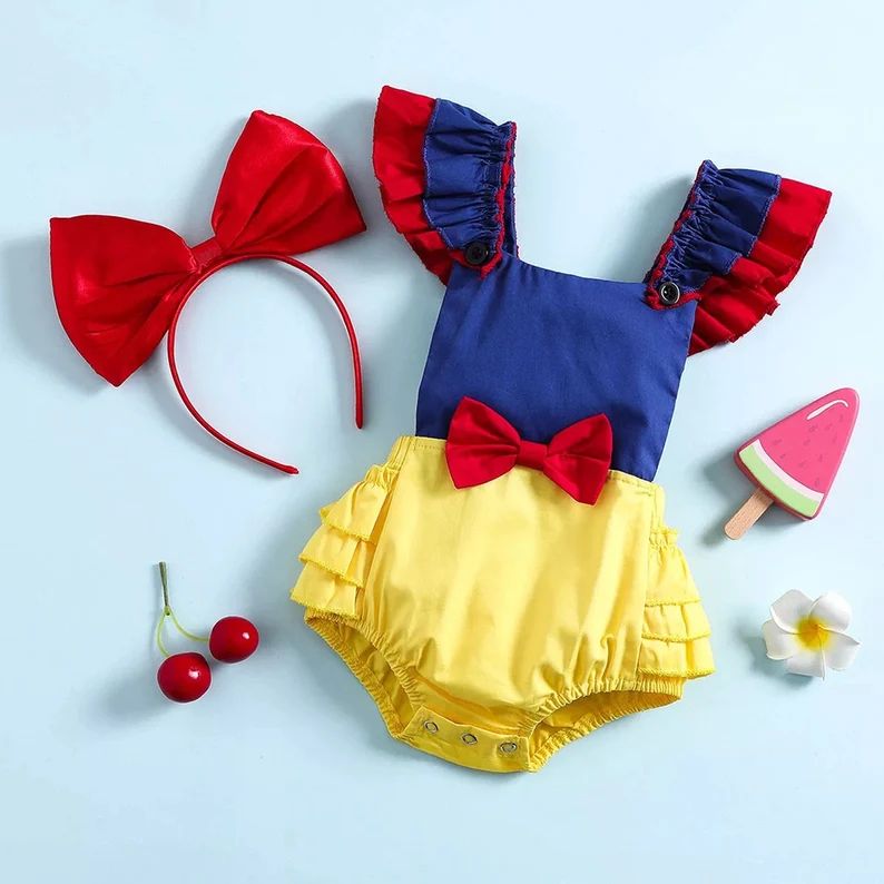 Baby Girl Cute Ruffle-sleeve Color-block Bodysuit With Bowknot Headband Princess themed baby clot... | Etsy (US)