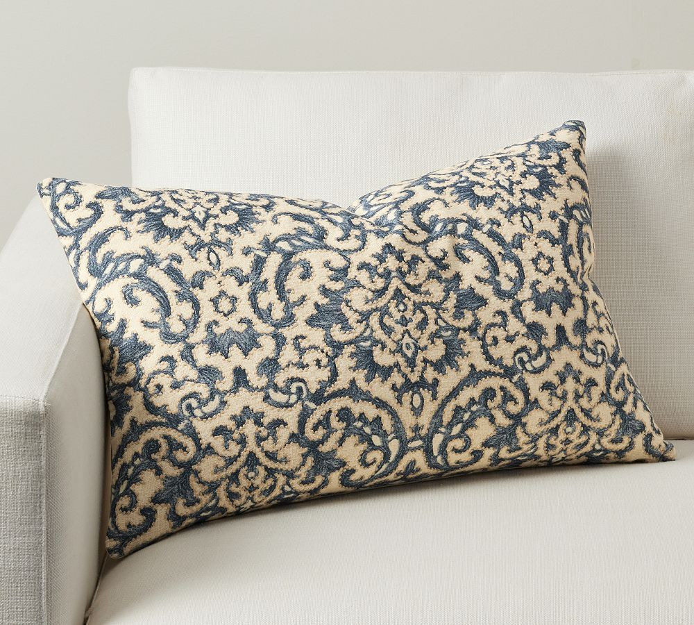 Reilley Embroidered Lumbar Pillow Cover, 16 x 26"", Blue | Pottery Barn (US)