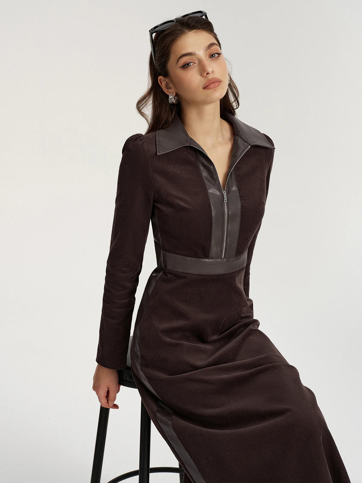 Faux Leather Panel Corduroy Midi Dress | Commense