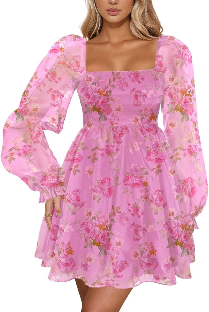 Women’s Floral Mini Dress Long Sleeve Square Neck Babydoll Casual A-Line Flowy Short Dress | Amazon (US)