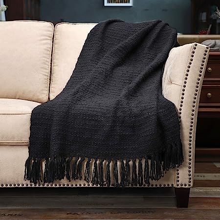 Thick Chunky Black Knit Throw Blanket for Couch Chair Sofa Bed, Chic Boho Style Textured Basket W... | Amazon (US)