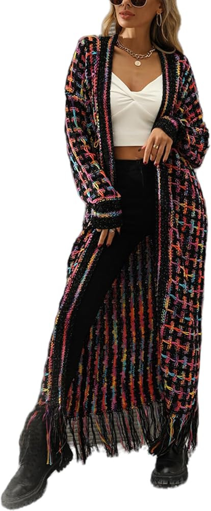 Perbai Womens Boho Cardigan Sweater Open Front Fringed Tassels Aztec Maxi Cardigan Jacket | Amazon (US)
