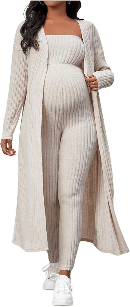 Women's Maternity Ribbed 2 Piece Outfit Strapless Skinny Leg Jumpsuit and Long Sleeve Cardigan Se... | Amazon (US)