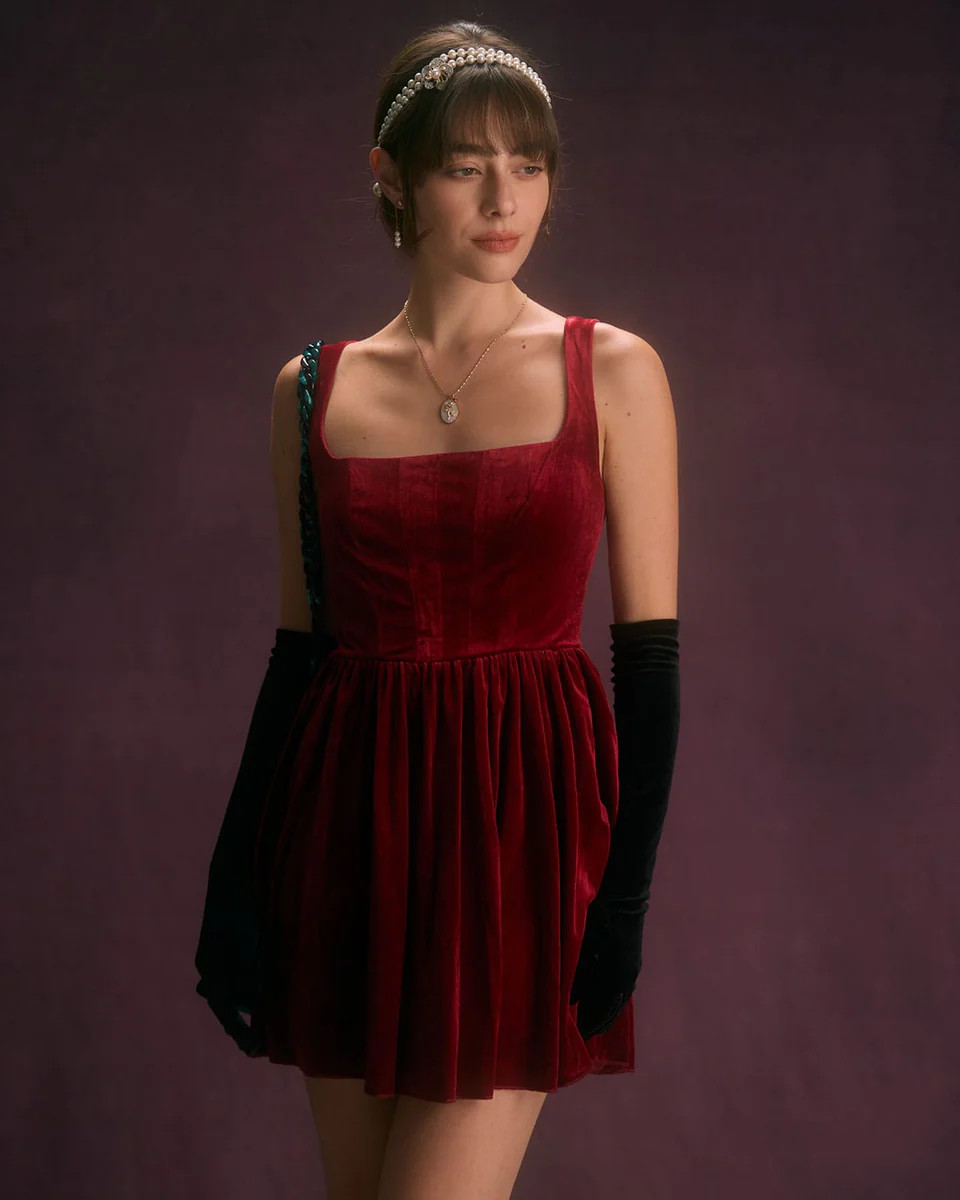 The Red Square Neck A-Line Velvet Mini Dress & Reviews - Red - Dresses | RIHOAS | rihoas.com