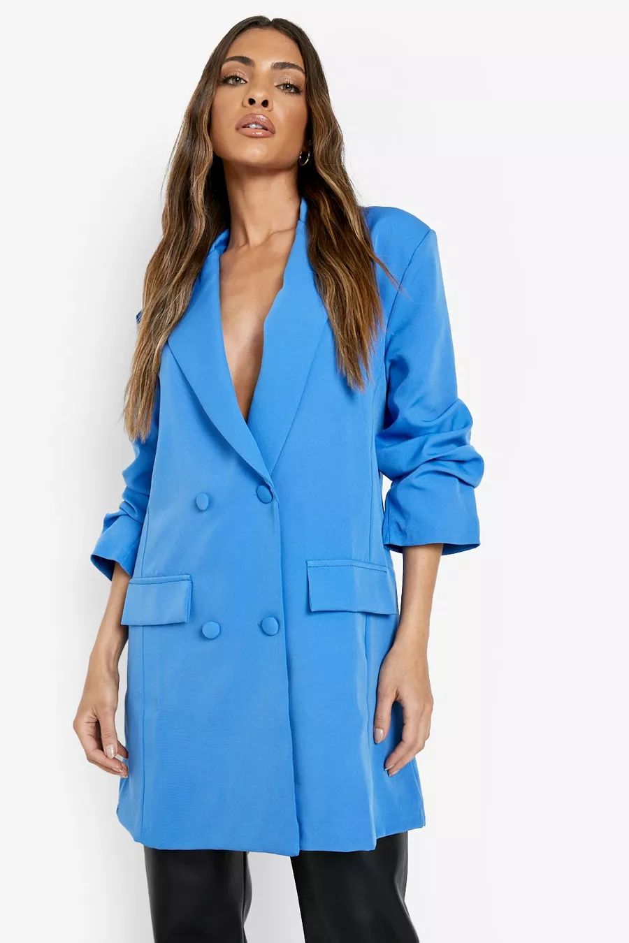 Ruched Sleeve Double Breasted Blazer | Boohoo.com (UK & IE)