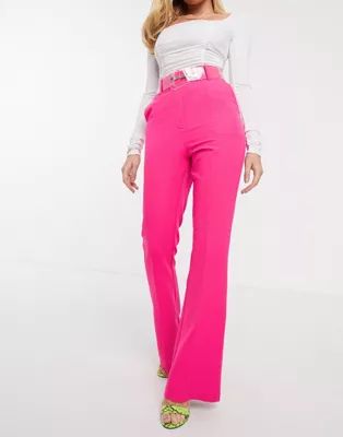 ASOS DESIGN pop pink slim kick flare pants with clear belt | ASOS US