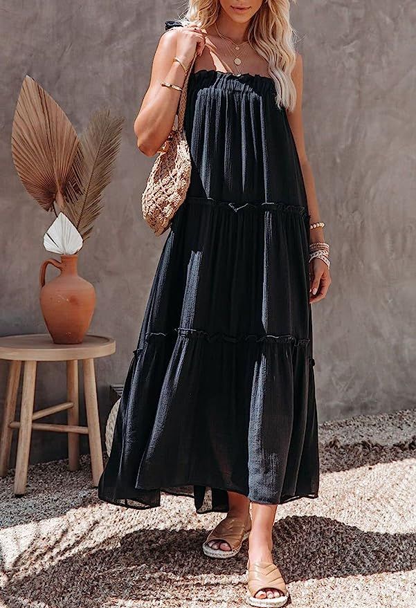 Meenew Women's Spaghetti Strap Long Summer Dress Casual Loose Maxi Beach Dress | Amazon (US)