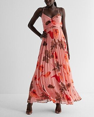 Floral V-Neck Pleated Cross Back Maxi Dress | Express