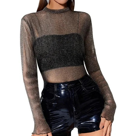 ZXSXSY Glitter Star Sheer Mesh Top for Women Short Long Sleeve Sexy Shirt See Through Clubwear Sparkly Tee Slim Blouse | Walmart (US)