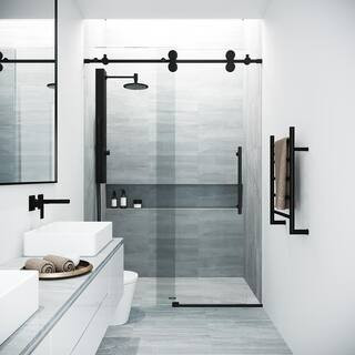 VIGO Elan 52 to 56 in. x 74 in. Sliding Shower Door Frameless in Matte Black with Clear Glass and Ha | The Home Depot