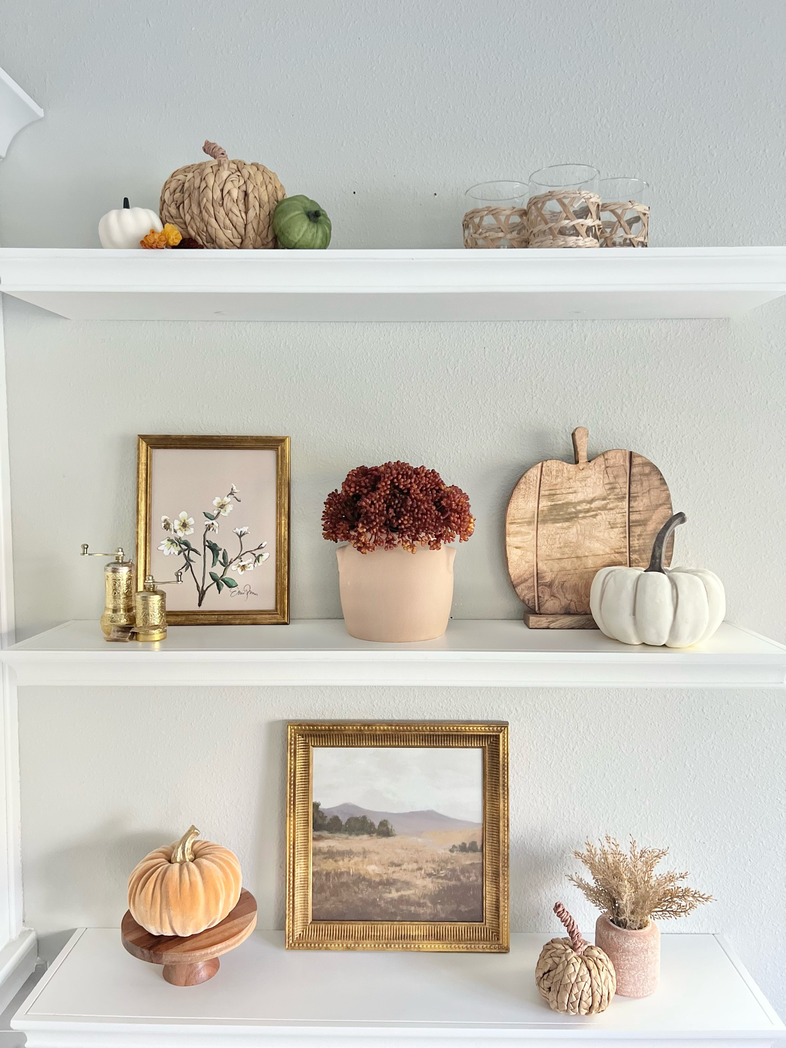 Shelf decor inspo for fall.  Pumpkin decor, good framed art, fall decor, fall pieces, kitchen decor  

#LTKhome #LTKstyletip #LTKSeasonal