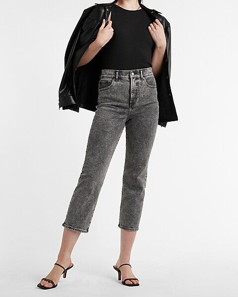 Super High Waisted Faded Black Cropped Straight Jeans | Express