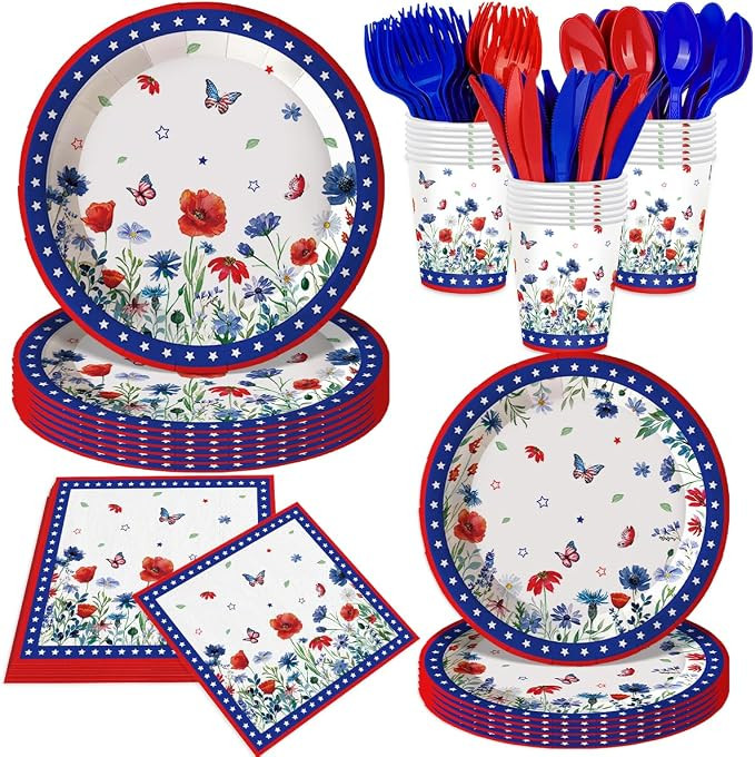 140Pcs Independence Day Party Supplies Poppy Flower Plates and Napkins 4th of July Party Decorati... | Amazon (US)