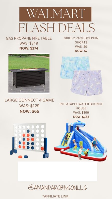 Walmart Flash Deals
Fire pit table
Girl dolphin shorts 
Large connect 4 game
Inflatable water slide 

#LTKHome #LTKSaleAlert #LTKKids