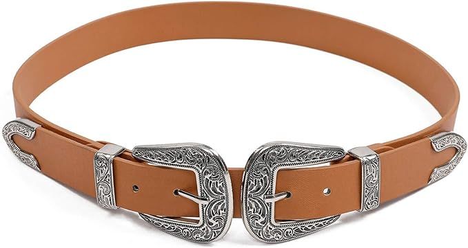 Double-Buckle Western Belts for Women, Vintage Design Leather Rhinestone Waist Belt with | Amazon (US)
