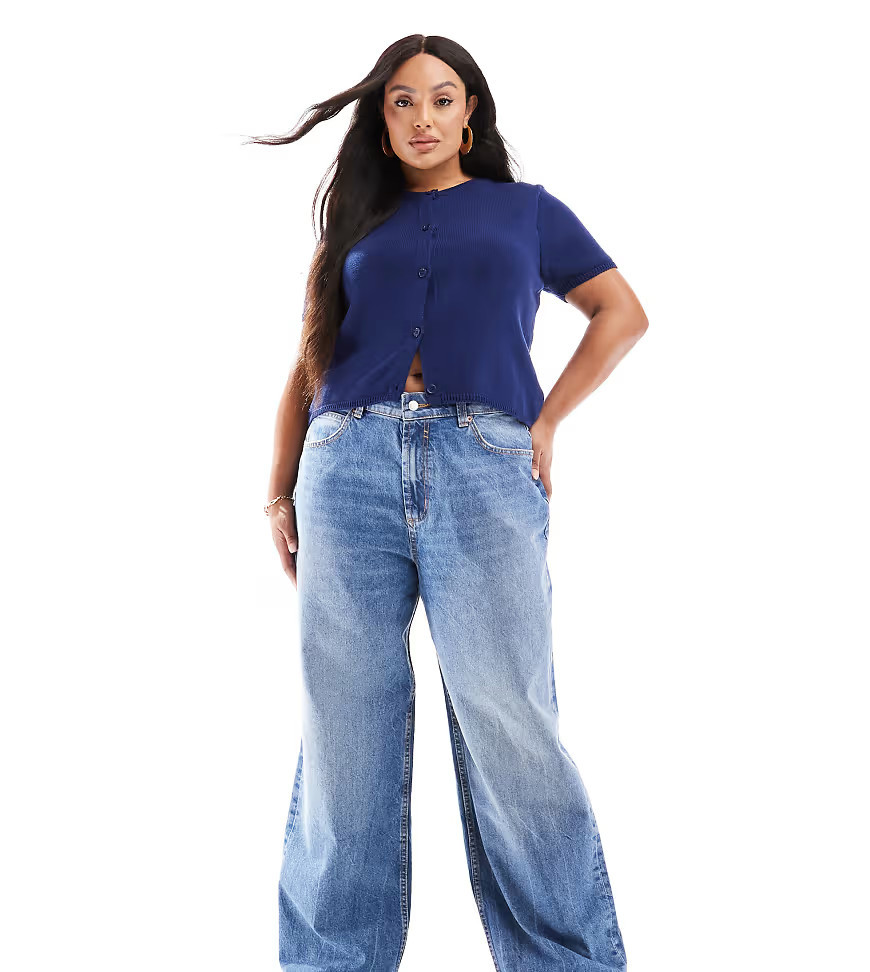 ASOS DESIGN Curve wide leg dad jeans in mid blue | ASOS (Global)