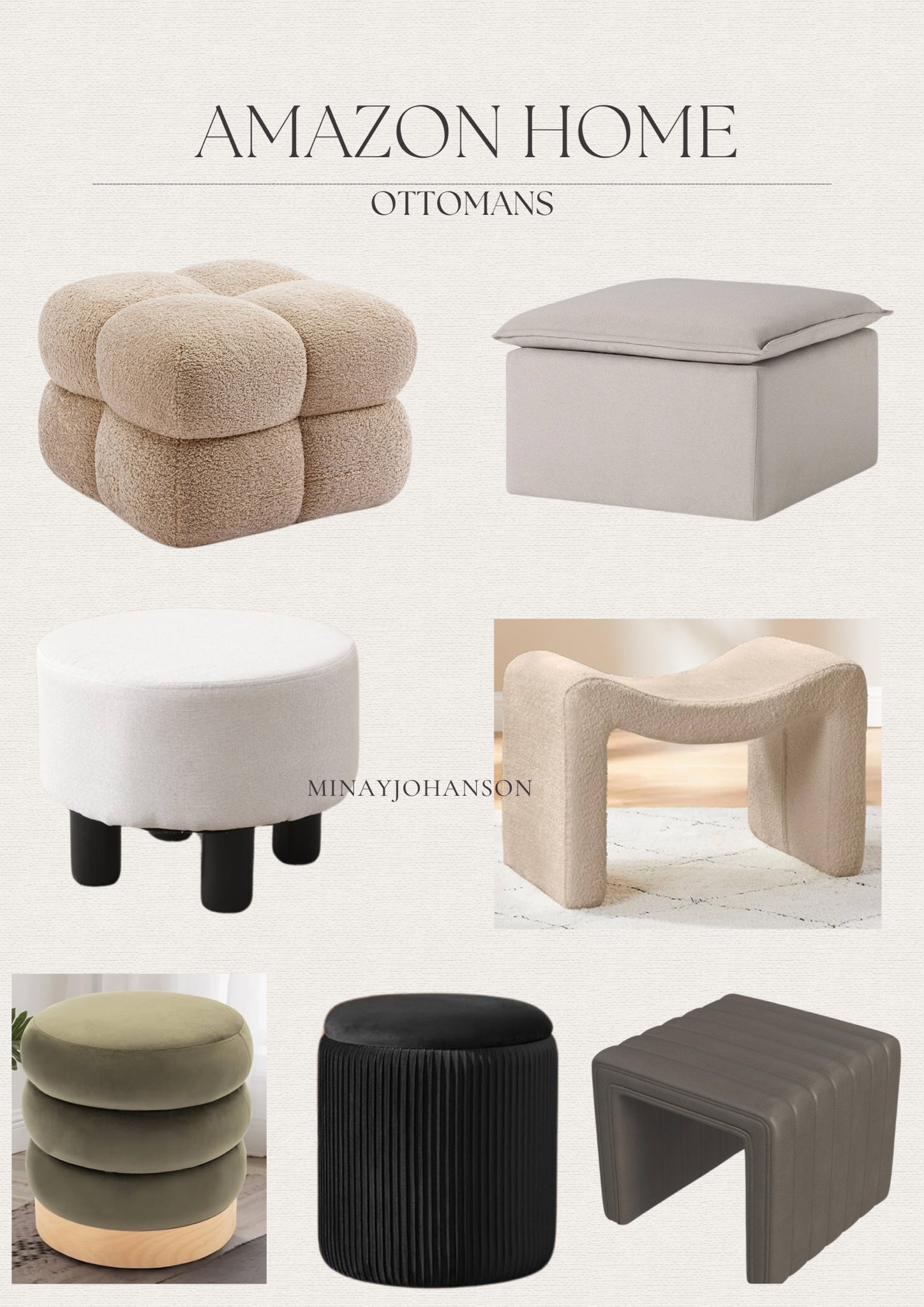 Amazon Home - modern and affordable ottoman finds🤍



Boucle ottoman // velvet ottoman // foot stool for living room // designer inspired home // look for less home // Amazon styled home // Amazon furniture

#LTKSaleAlert #LTKHome #LTKFallSale