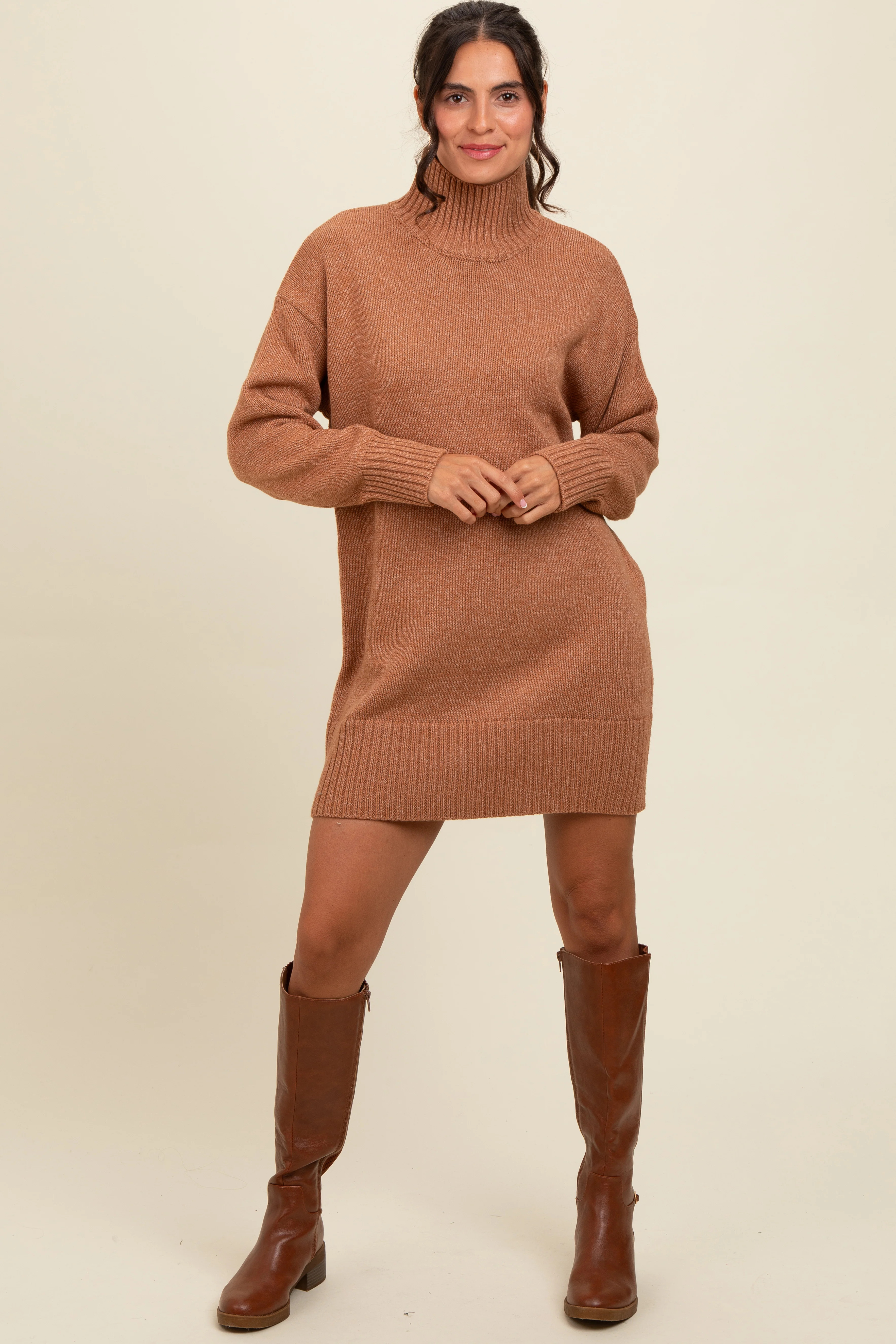 Camel Turtle Neck Mini Sweater Dress | PinkBlush Maternity