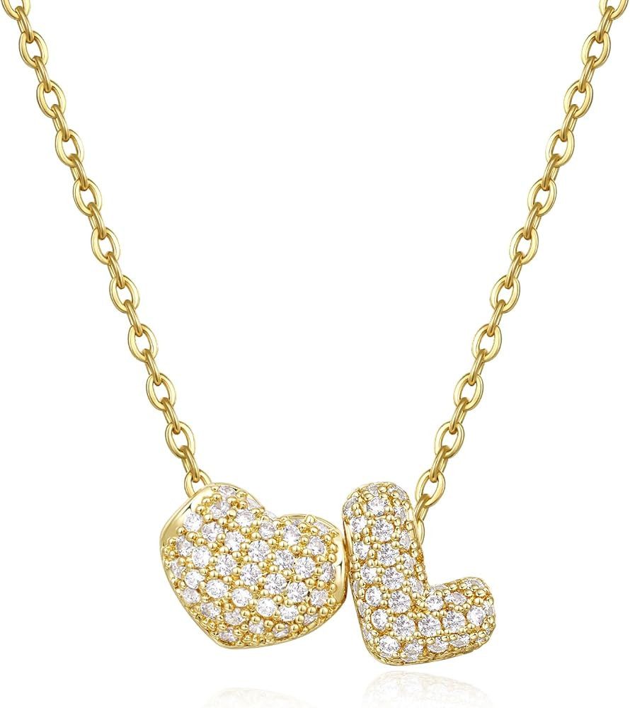 KissYan Bubble Heart Initial Necklaces for Women, 14K Gold Plated Tiny A-Z Letter Pendant Choker ... | Amazon (US)