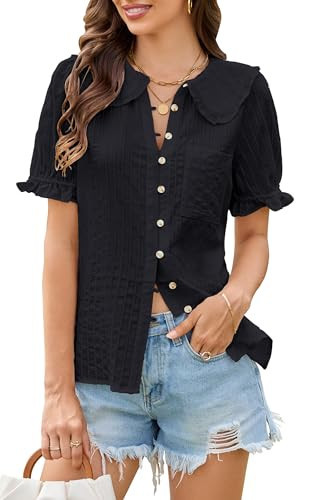 ECOWISH Women's Button Up Shirt - Peter Pan Collar Frilled Short Sleeve Summer Tops Casual Cotton... | Amazon (US)