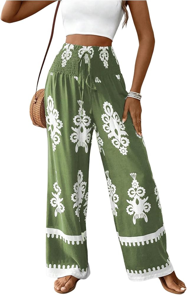 Women's Boho Graphic Wide Leg Pants Drawstring High Waisted Vacation Shirred Trousers | Amazon (US)