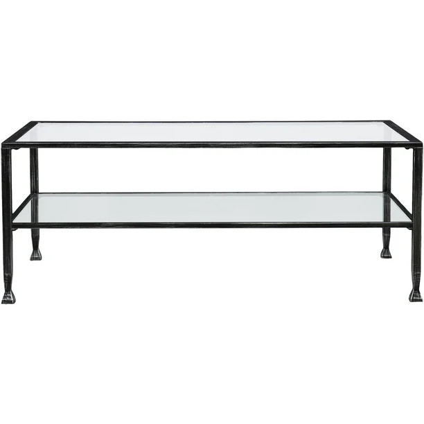 Jumpluff Metal/Glass Rectangular Open Shelf Coffee Table, Distressed Black | Walmart (US)