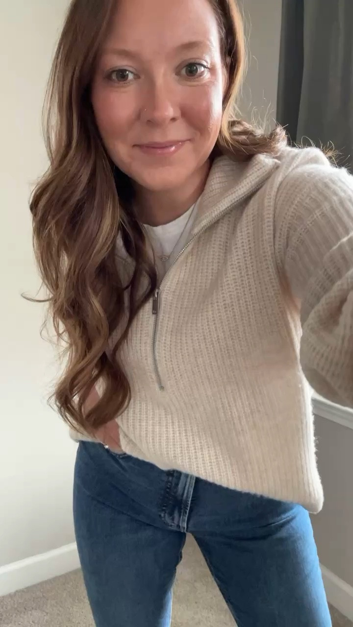 White tee - tts wearing a medium 
Quarter zip sweater - tts wearing a medium 
Straight ankle jeans - tts wearing a 29 in the 26.5 length 
Nike sneakers 
Evil eye necklace 
Silver ring 

#LTKWorkwear #LTKFindsUnder100 #LTKWatchNow