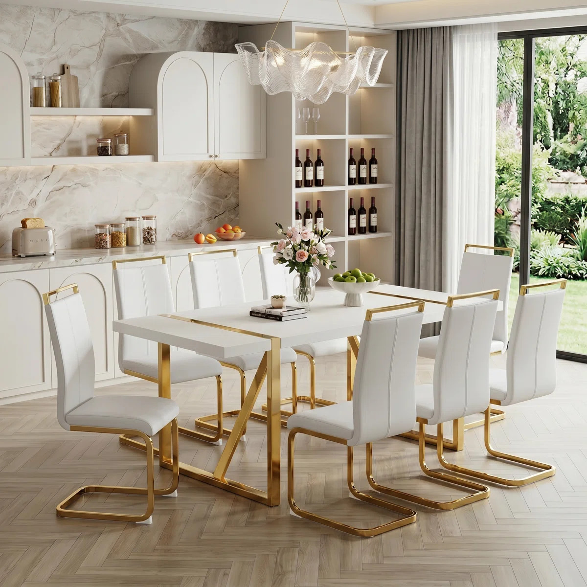 7-9-Piece Modern Engineered Wood Dining Set with Pedestal Metal Base and  Faux Leather Chairs | Wayfair North America