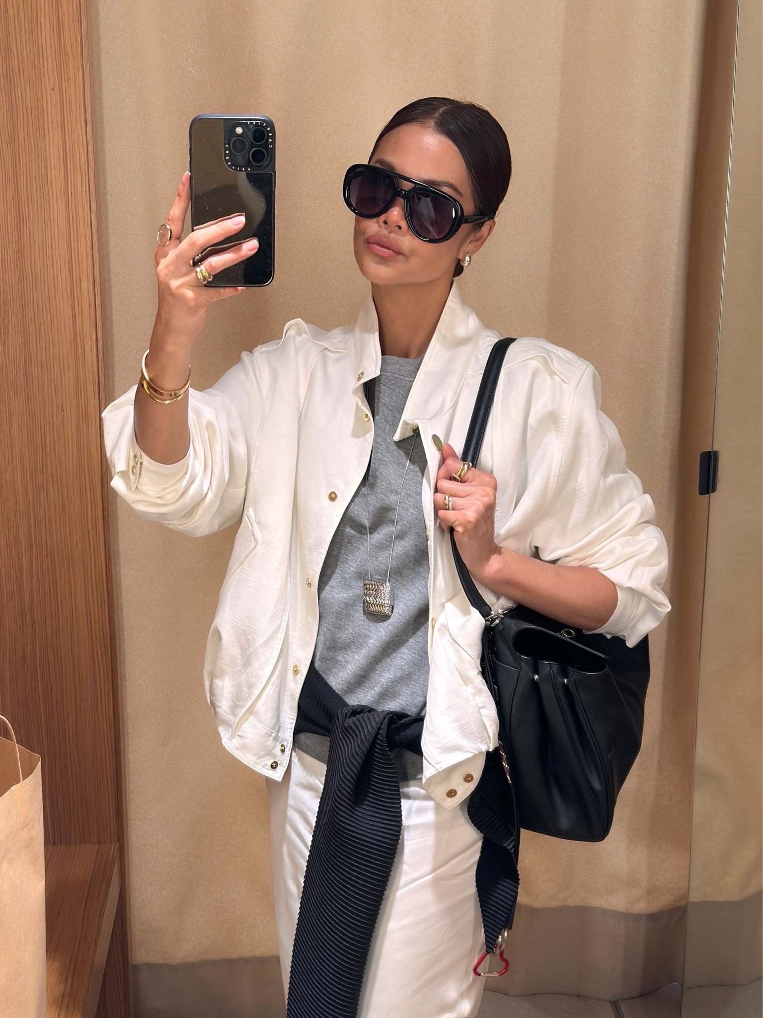Summer bomber jacket that is so good with everything. 
True to size for an oversized fit.