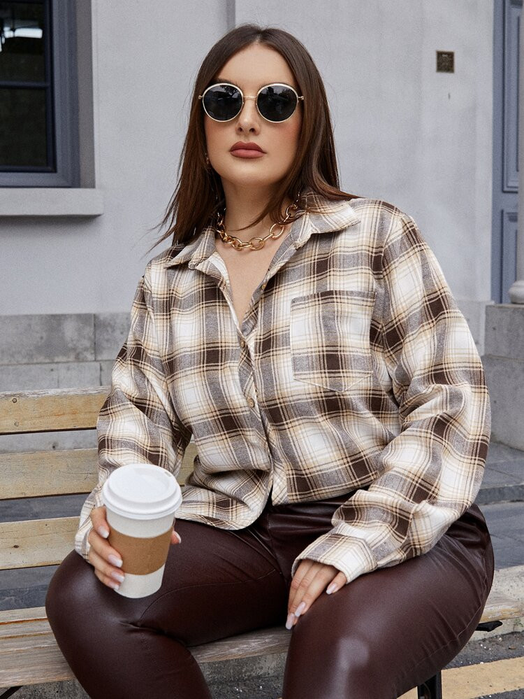 Plus Plaid Print Curved Hem Blouse | SHEIN