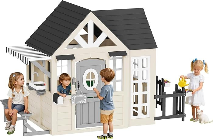 Albott Kids Outdoor Wooden Playhouse with Kitchen Set, Mailbox & Doorbell, Durable Wood Construct... | Amazon (US)