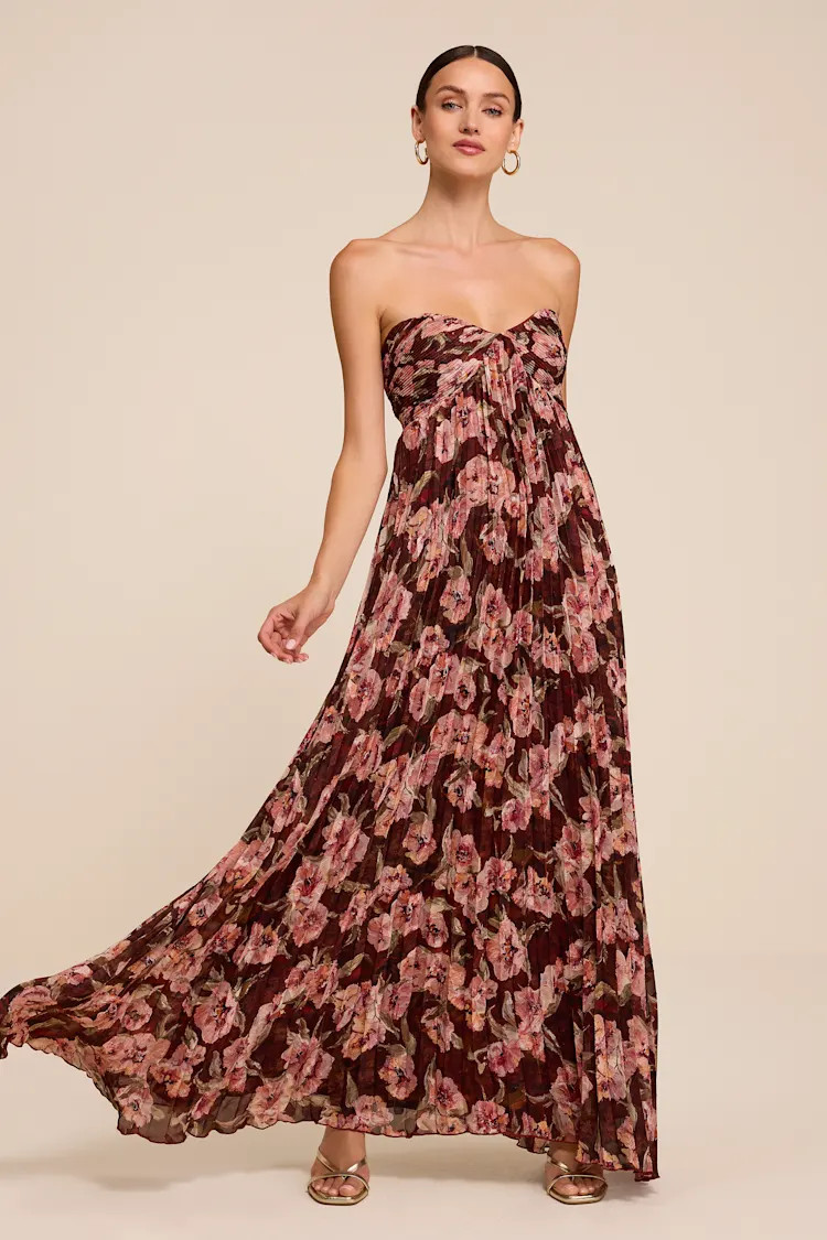 Nola Brown Floral Pleated Strapless Maxi Dress | Lulus