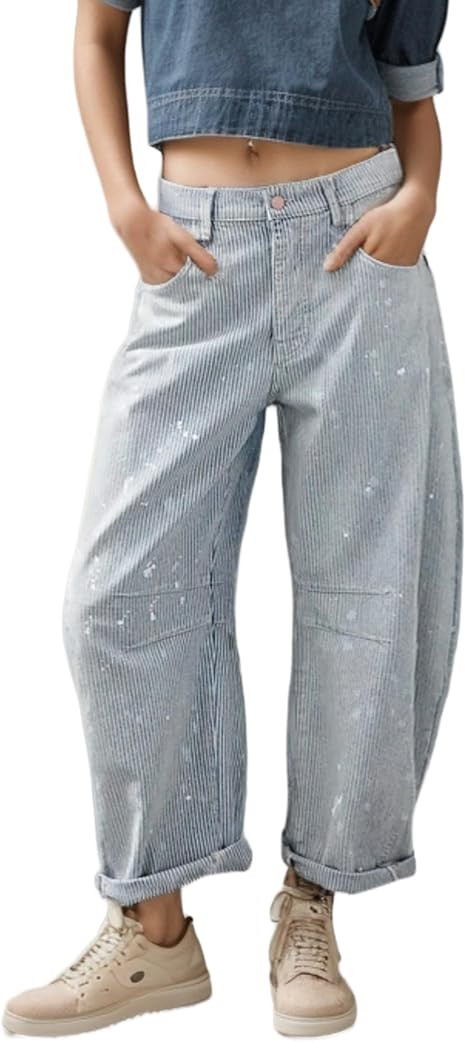 Kedera Women Stripe Barrel Jeans Casual Denim Jeans Loose Wide Leg Baggy Pants Mid Waist Boyfrien... | Amazon (US)