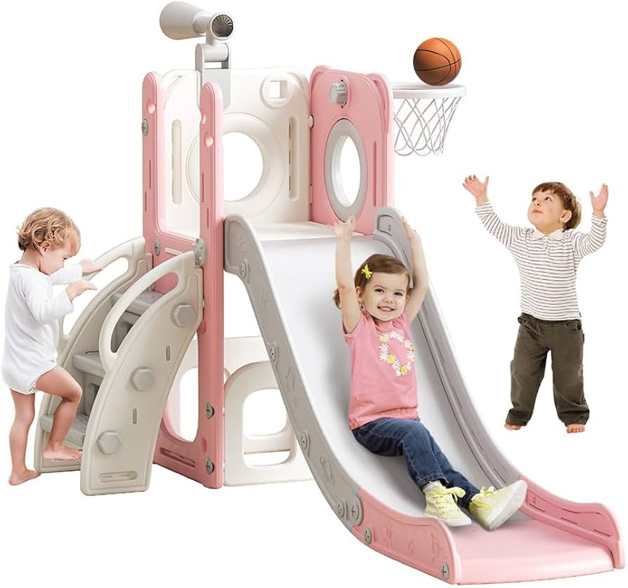 6 in 1 Toddler Playset with Slide, Kids Slide with Basketball Hoop, Ball, Ring Toss, Indoor Outdo... | Amazon (US)