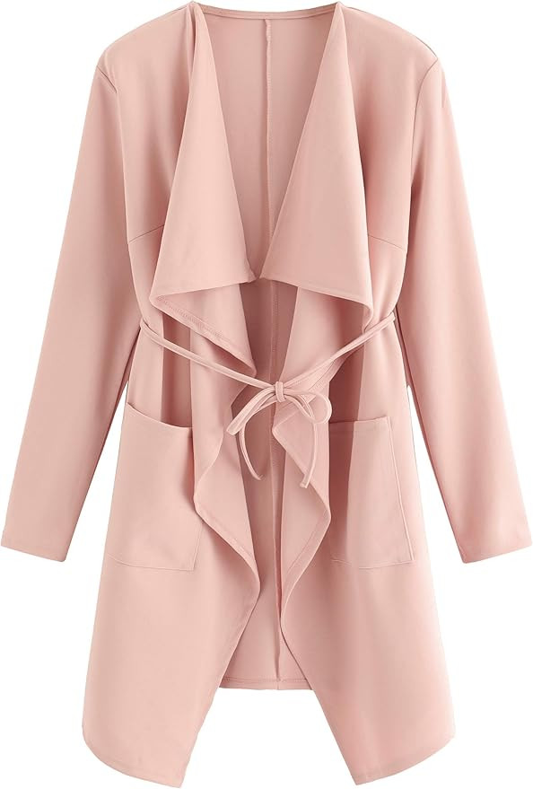 Romwe Women's Raw Cut Hem Waterfall Collar Long Sleeve Wrap Trench Pea Coat Cardigan | Amazon (US)